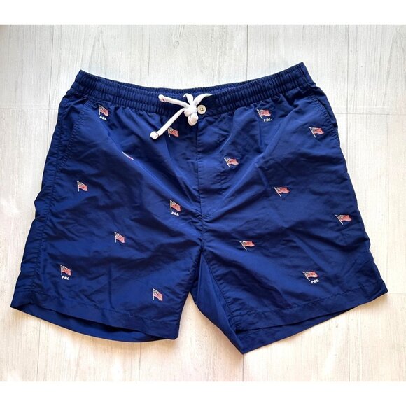 Polo Ralph Lauren Men's Larger Navy Swim Trunks Embroidered American Flag Print - Picture 1 of 12